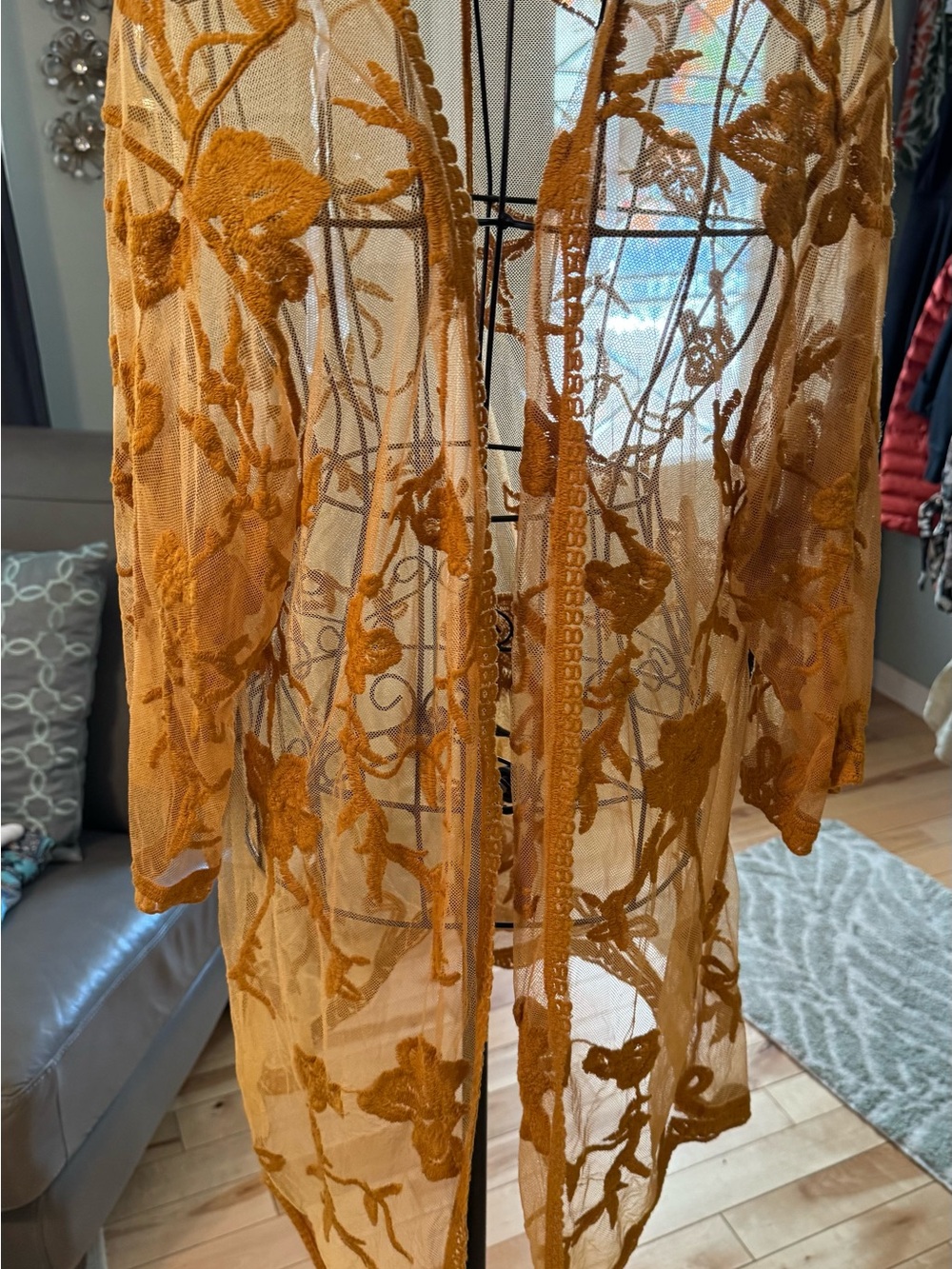 Maurices Sheer Embroidered Floral Kimono - Mustard Gold